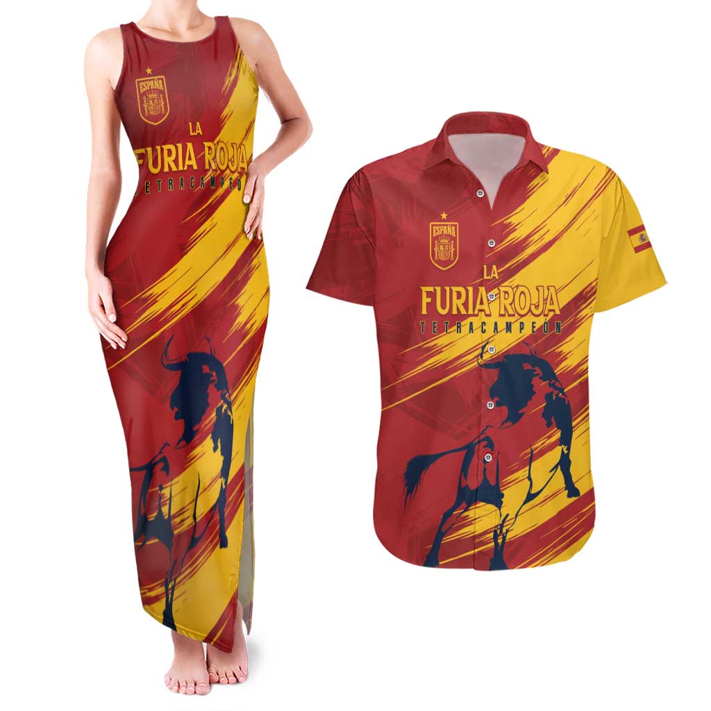 Spain La Furia Roja Custom Couples Matching Tank Maxi Dress and Hawaiian Shirt 2024 Tetracampeon Espana LT7 - Wonder Print Shop