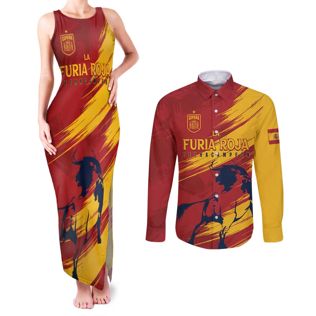 Spain La Furia Roja Custom Couples Matching Tank Maxi Dress and Long Sleeve Button Shirt 2024 Tetracampeon Espana LT7 - Wonder Print Shop