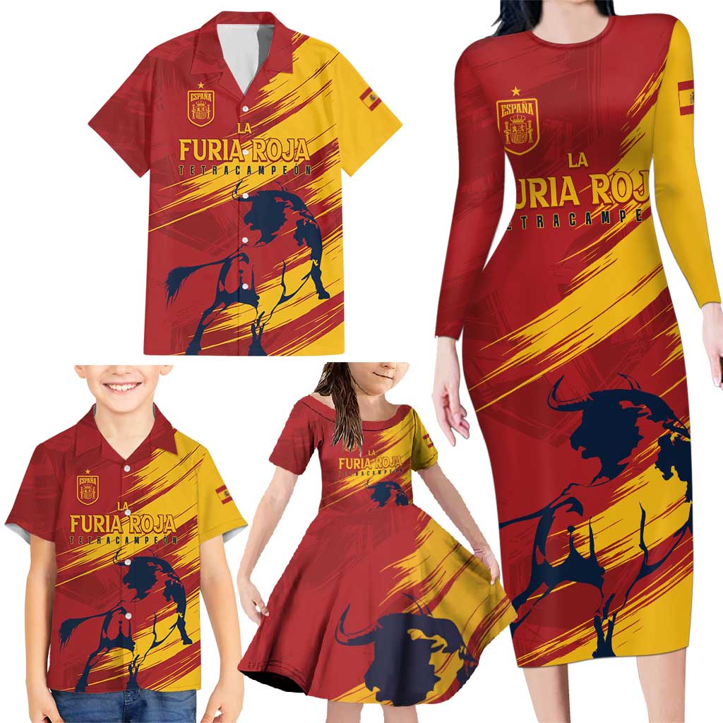 Spain La Furia Roja Custom Family Matching Long Sleeve Bodycon Dress and Hawaiian Shirt 2024 Tetracampeon Espana LT7 - Wonder Print Shop
