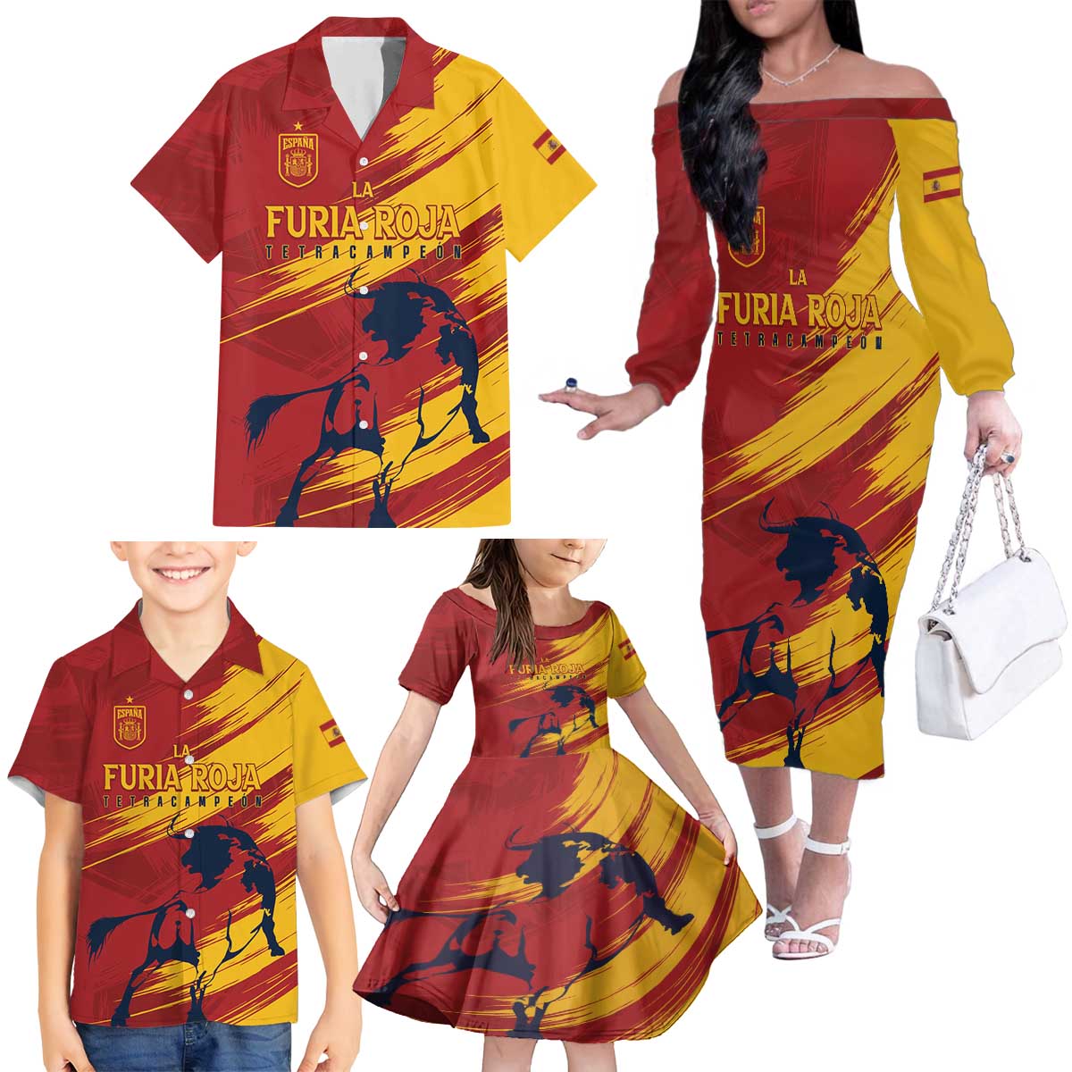 Spain La Furia Roja Custom Family Matching Off The Shoulder Long Sleeve Dress and Hawaiian Shirt 2024 Tetracampeon Espana - Wonder Print Shop