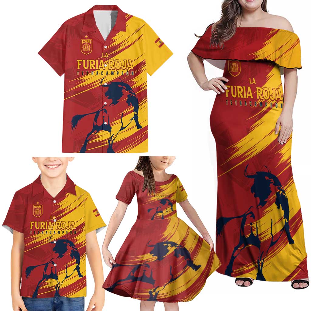 Spain La Furia Roja Custom Family Matching Off Shoulder Maxi Dress and Hawaiian Shirt 2024 Tetracampeon Espana LT7 - Wonder Print Shop