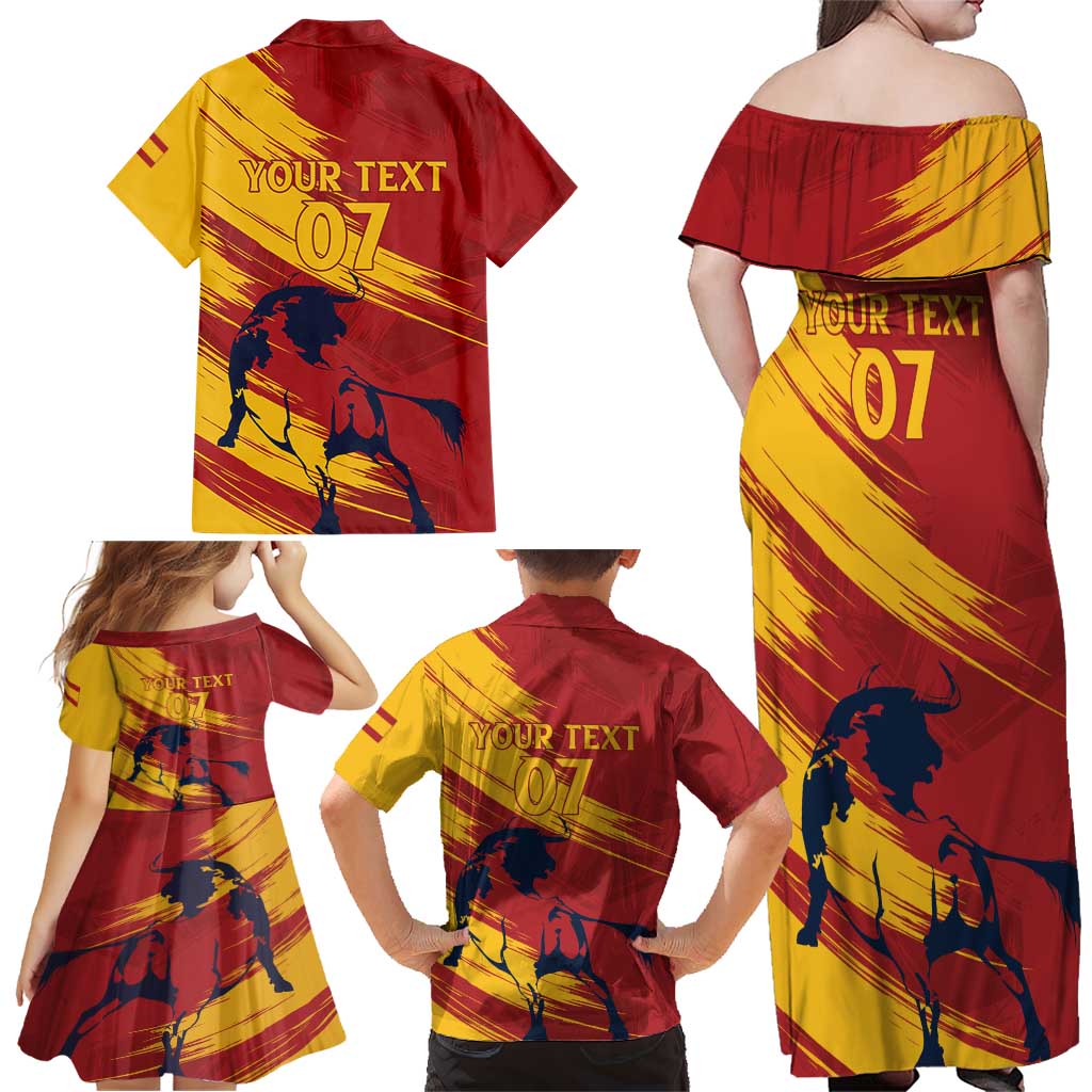 Spain La Furia Roja Custom Family Matching Off Shoulder Maxi Dress and Hawaiian Shirt 2024 Tetracampeon Espana LT7 - Wonder Print Shop