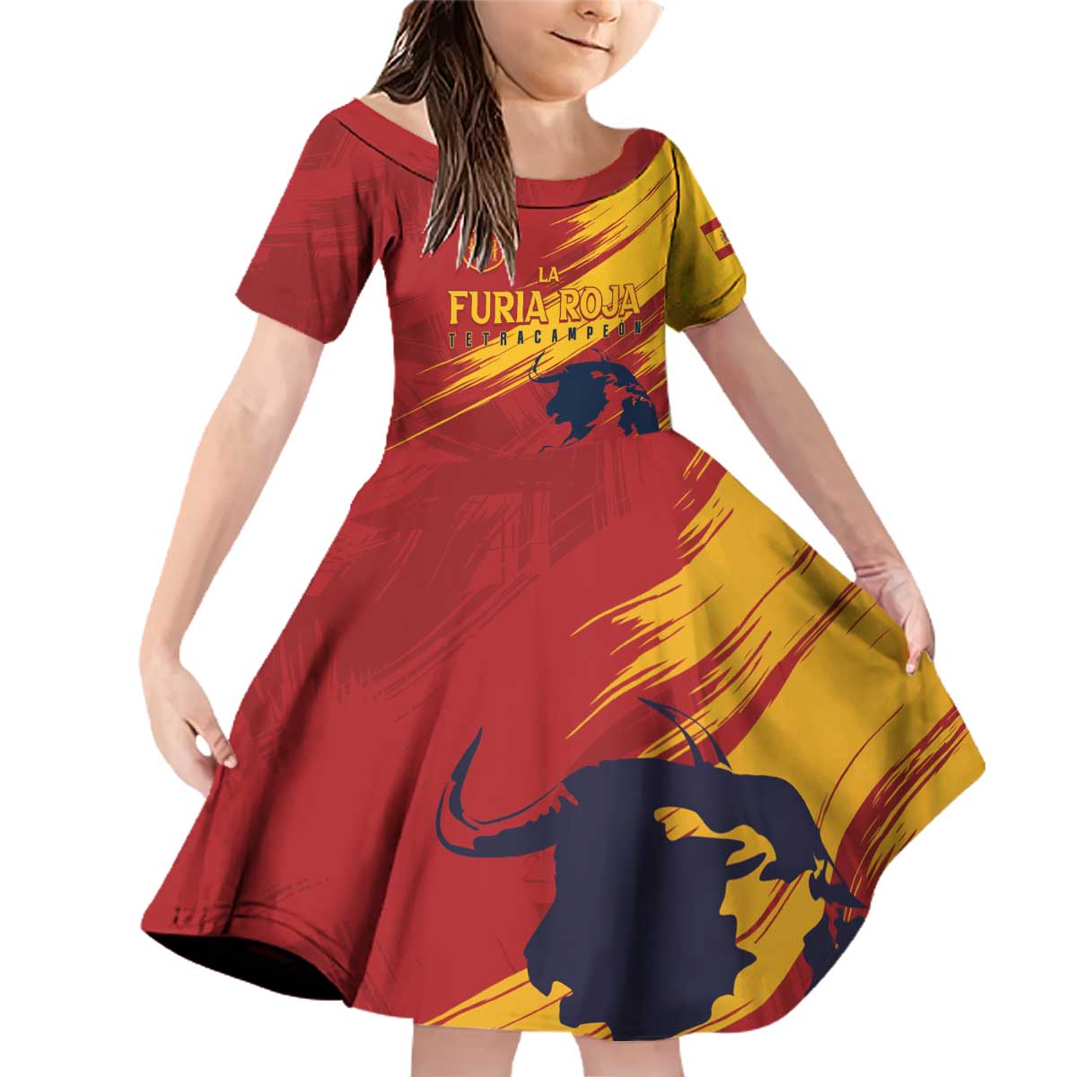 Spain La Furia Roja Custom Family Matching Off Shoulder Short Dress and Hawaiian Shirt 2024 Tetracampeon Espana LT7 - Wonder Print Shop