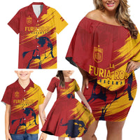 Spain La Furia Roja Custom Family Matching Off Shoulder Short Dress and Hawaiian Shirt 2024 Tetracampeon Espana LT7 - Wonder Print Shop