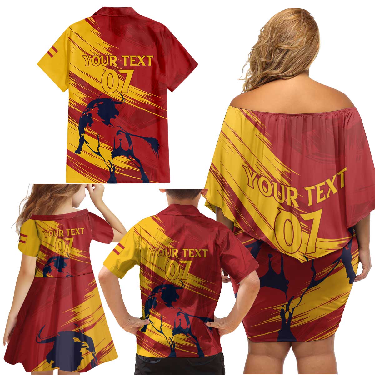 Spain La Furia Roja Custom Family Matching Off Shoulder Short Dress and Hawaiian Shirt 2024 Tetracampeon Espana LT7 - Wonder Print Shop