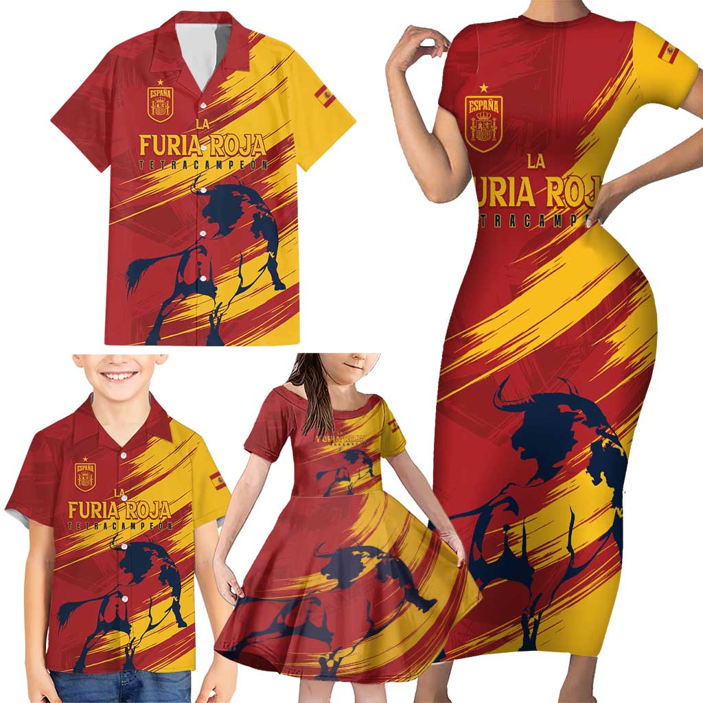 Spain La Furia Roja Custom Family Matching Short Sleeve Bodycon Dress and Hawaiian Shirt 2024 Tetracampeon Espana - Wonder Print Shop