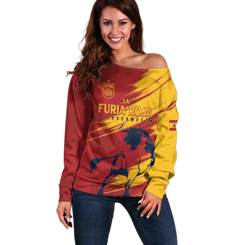 Spain La Furia Roja Custom Off Shoulder Sweater 2024 Tetracampeon Espana - Wonder Print Shop