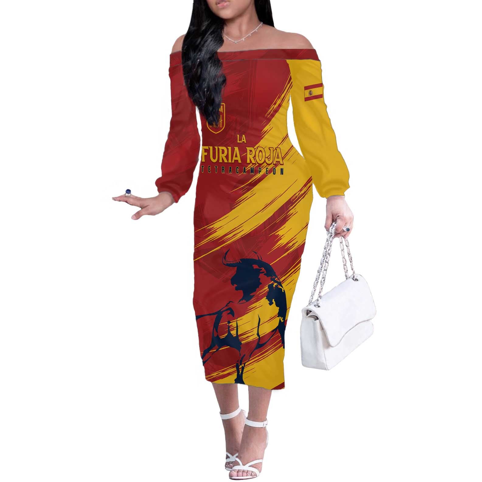 Spain La Furia Roja Custom Off The Shoulder Long Sleeve Dress 2024 Tetracampeon Espana - Wonder Print Shop