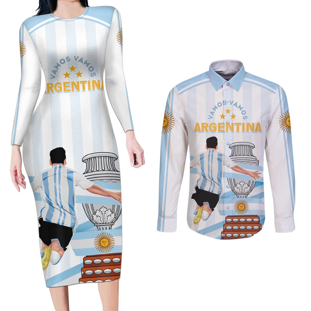 Argentina Campeones Custom Couples Matching Long Sleeve Bodycon Dress and Long Sleeve Button Shirt Vamos Vamos Albiceleste LT7 - Wonder Print Shop