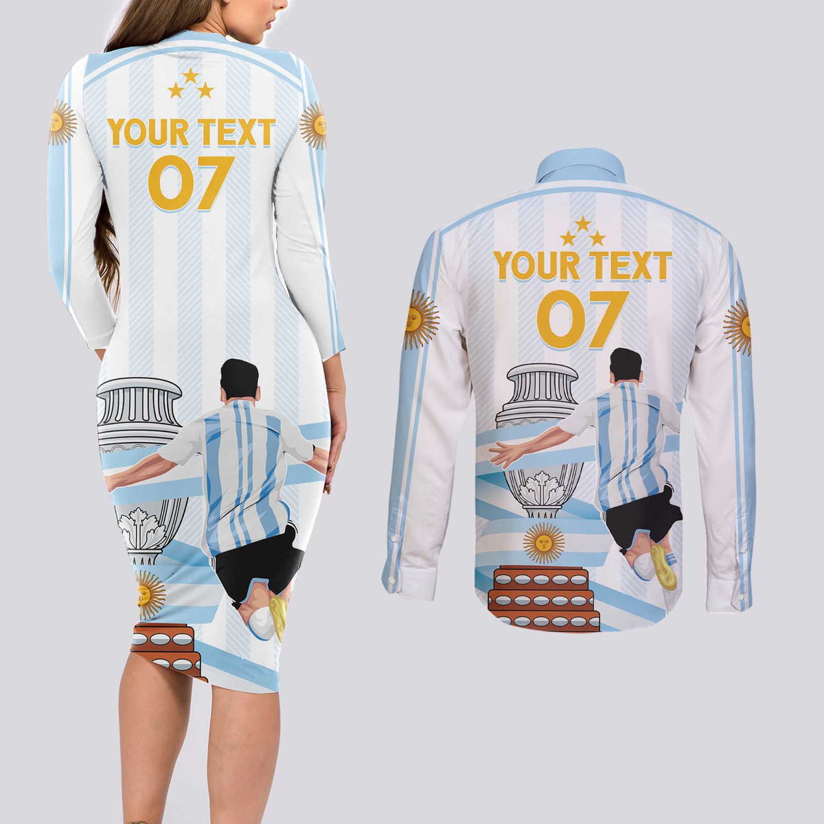 Argentina Campeones Custom Couples Matching Long Sleeve Bodycon Dress and Long Sleeve Button Shirt Vamos Vamos Albiceleste LT7 - Wonder Print Shop