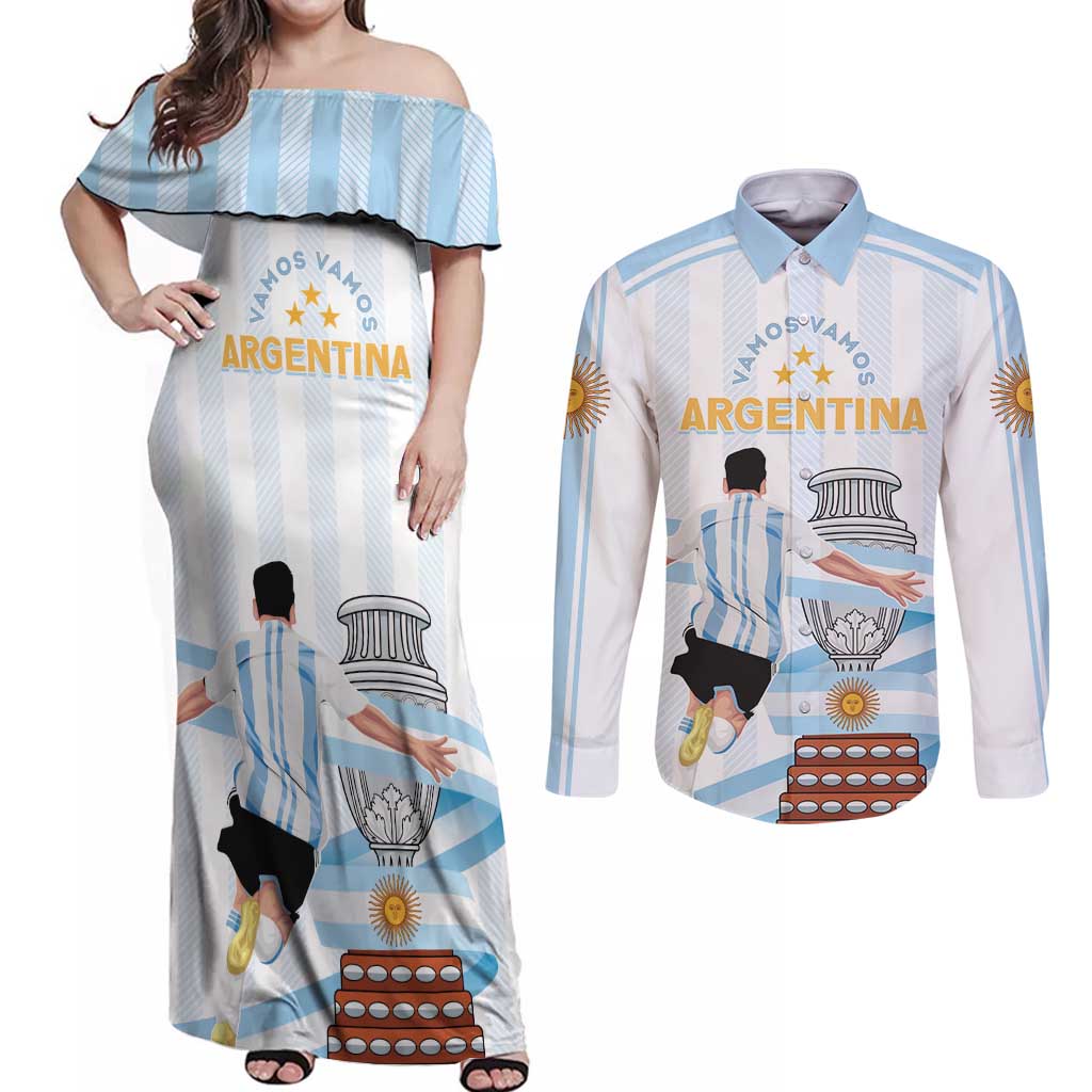 Argentina Campeones Custom Couples Matching Off Shoulder Maxi Dress and Long Sleeve Button Shirt Vamos Vamos Albiceleste LT7 - Wonder Print Shop
