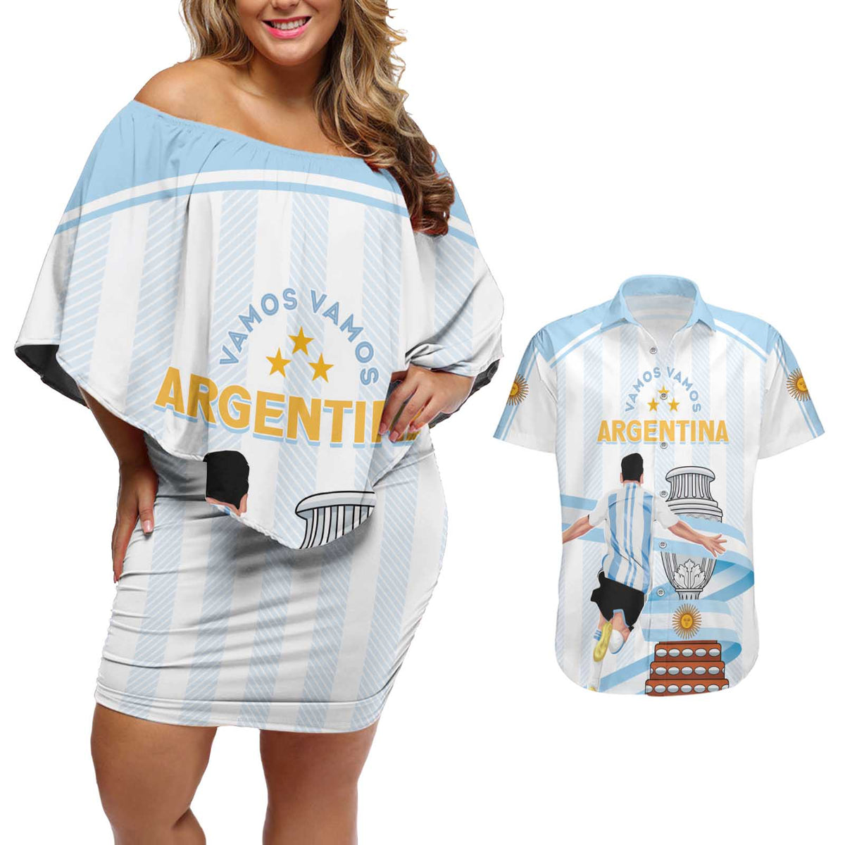 Argentina Campeones Custom Couples Matching Off Shoulder Short Dress and Hawaiian Shirt Vamos Vamos Albiceleste LT7 - Wonder Print Shop