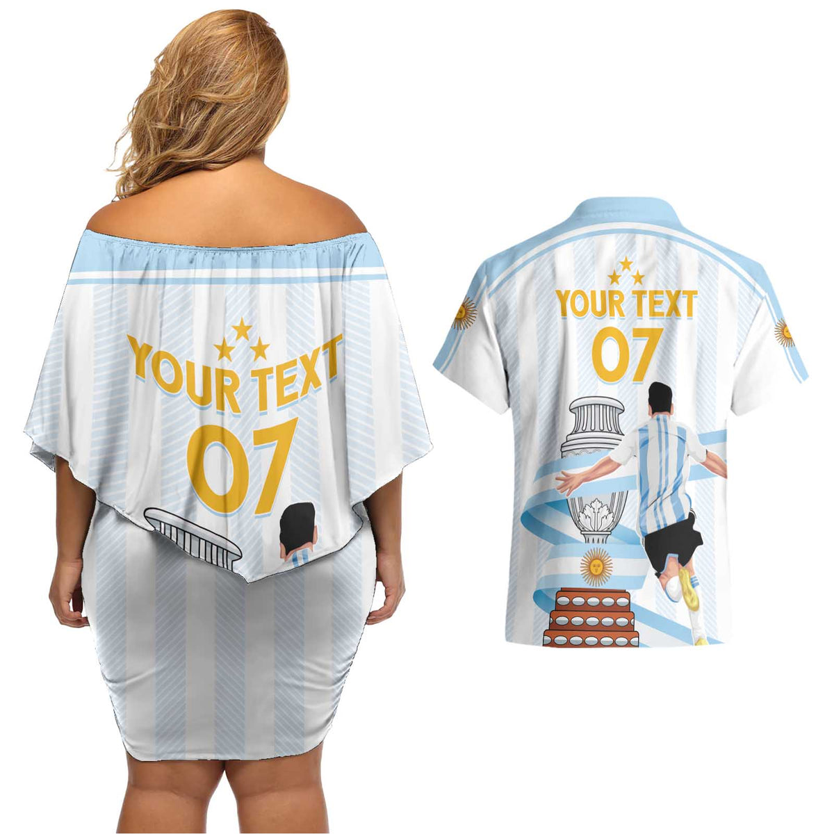 Argentina Campeones Custom Couples Matching Off Shoulder Short Dress and Hawaiian Shirt Vamos Vamos Albiceleste LT7 - Wonder Print Shop
