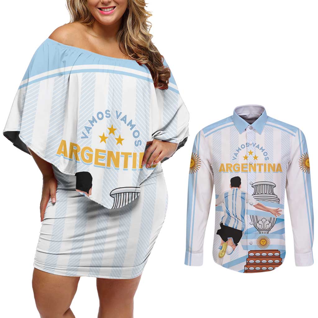 Argentina Campeones Custom Couples Matching Off Shoulder Short Dress and Long Sleeve Button Shirt Vamos Vamos Albiceleste LT7 - Wonder Print Shop