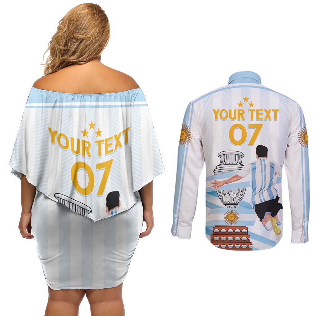 Argentina Campeones Custom Couples Matching Off Shoulder Short Dress and Long Sleeve Button Shirt Vamos Vamos Albiceleste LT7 - Wonder Print Shop