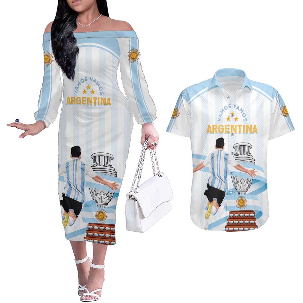 Argentina Campeones Custom Couples Matching Off The Shoulder Long Sleeve Dress and Hawaiian Shirt Vamos Vamos Albiceleste LT7 - Wonder Print Shop