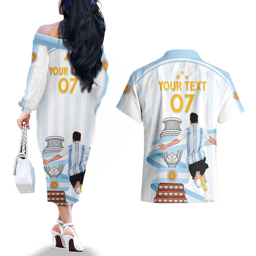 Argentina Campeones Custom Couples Matching Off The Shoulder Long Sleeve Dress and Hawaiian Shirt Vamos Vamos Albiceleste LT7 - Wonder Print Shop
