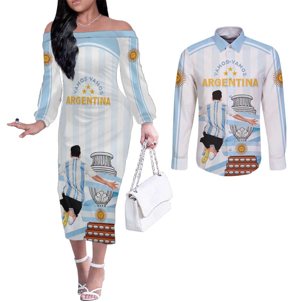 Argentina Campeones Custom Couples Matching Off The Shoulder Long Sleeve Dress and Long Sleeve Button Shirt Vamos Vamos Albiceleste