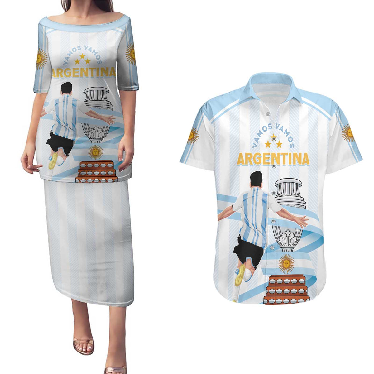 Argentina Campeones Custom Couples Matching Puletasi and Hawaiian Shirt Vamos Vamos Albiceleste LT7 - Wonder Print Shop