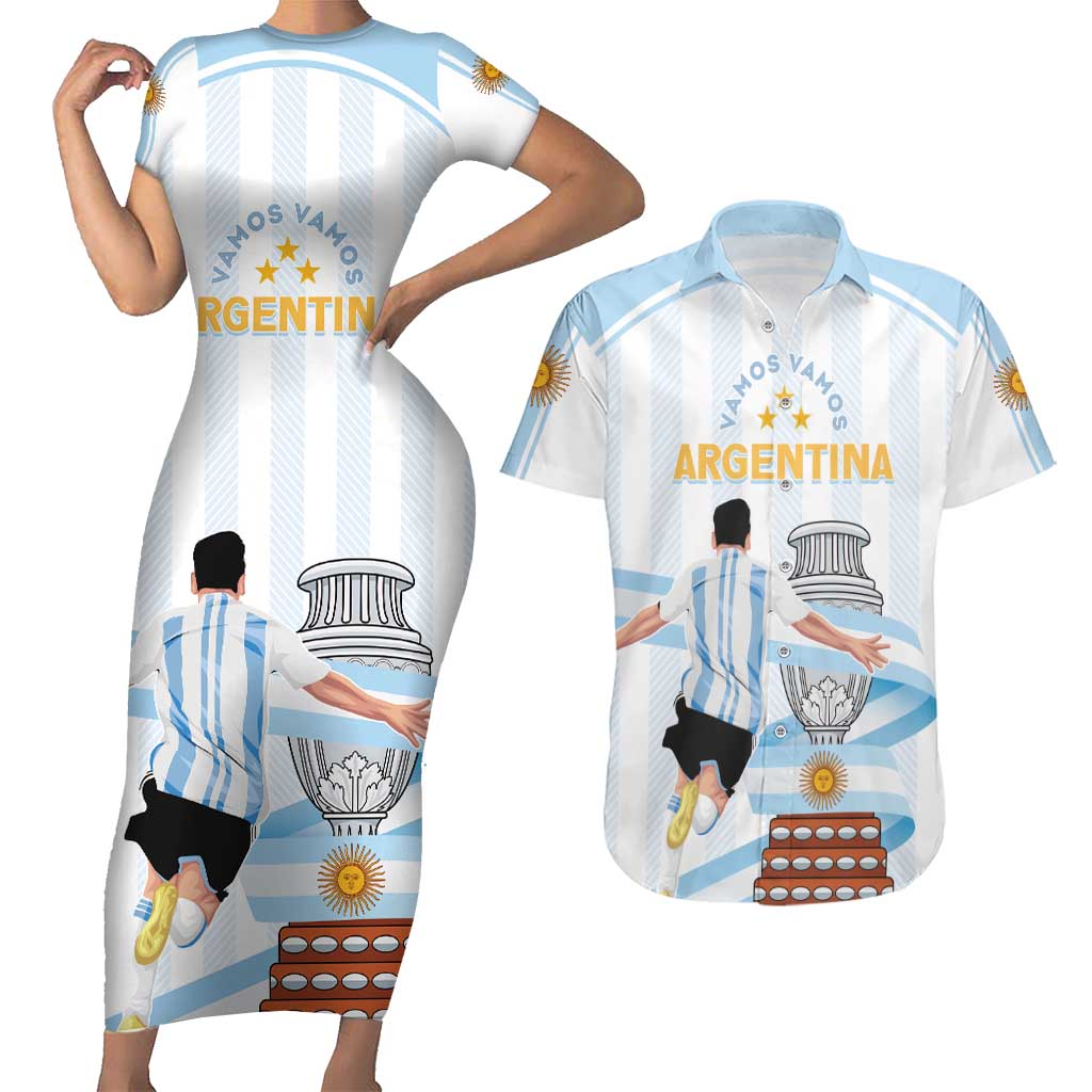 Argentina Campeones Custom Couples Matching Short Sleeve Bodycon Dress and Hawaiian Shirt Vamos Vamos Albiceleste LT7 - Wonder Print Shop