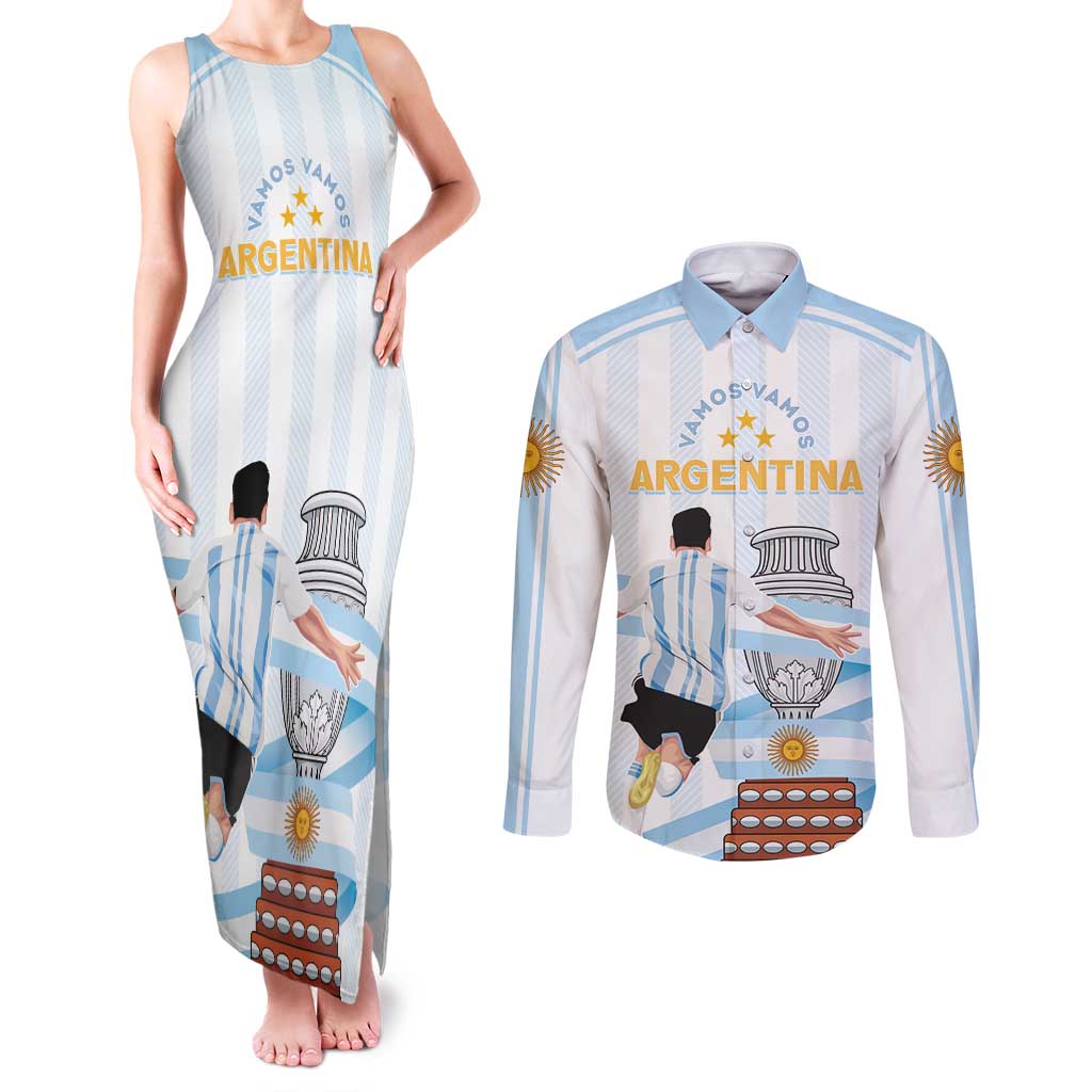 Argentina Campeones Custom Couples Matching Tank Maxi Dress and Long Sleeve Button Shirt Vamos Vamos Albiceleste LT7 - Wonder Print Shop