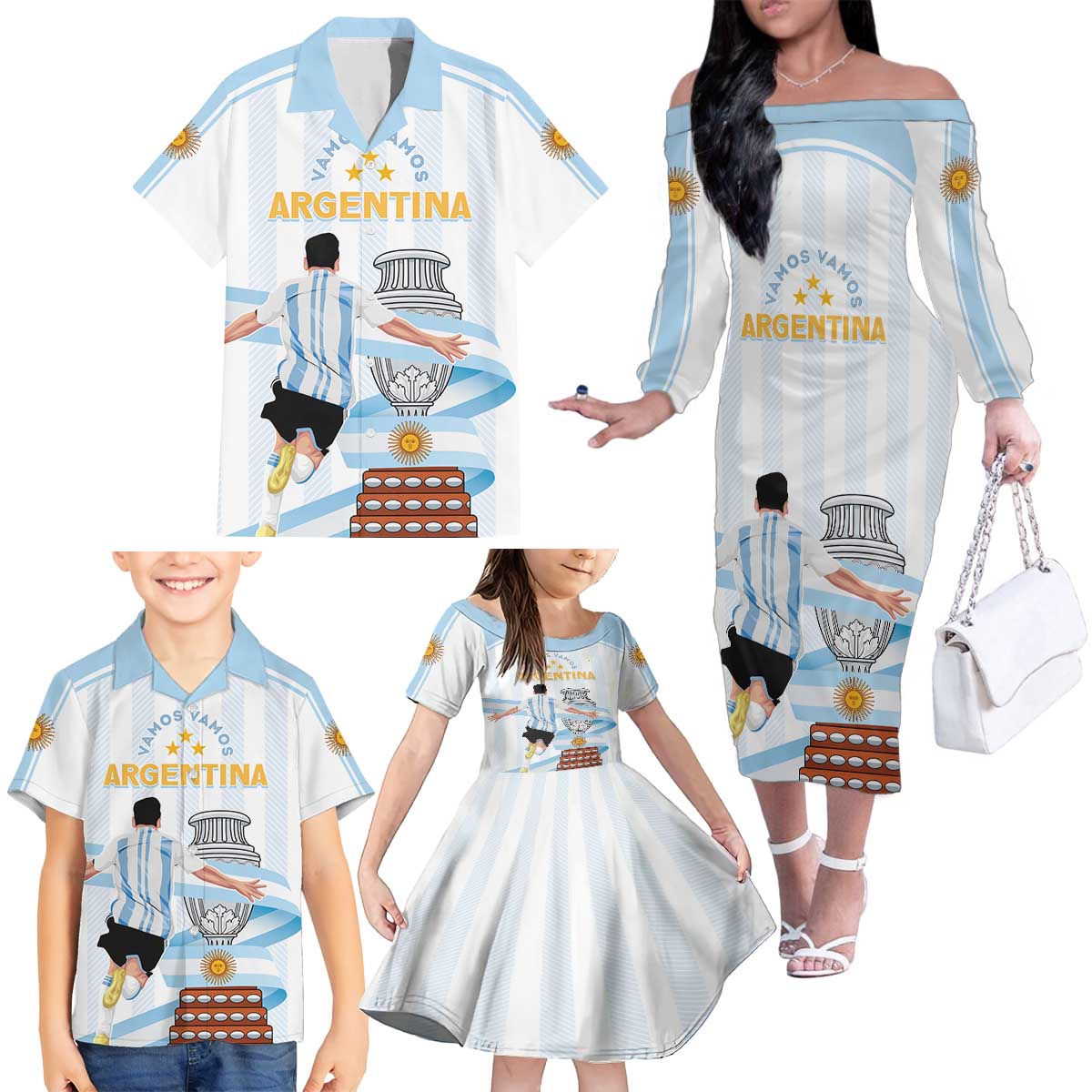 Argentina Campeones Custom Family Matching Off The Shoulder Long Sleeve Dress and Hawaiian Shirt Vamos Vamos Albiceleste - Wonder Print Shop