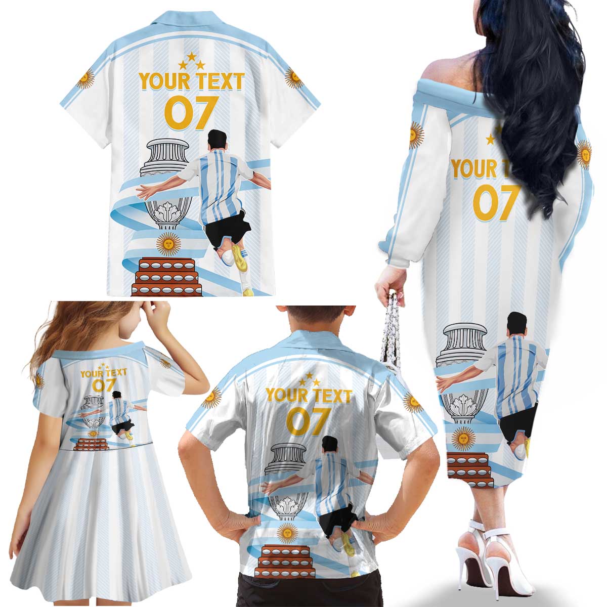 Argentina Campeones Custom Family Matching Off The Shoulder Long Sleeve Dress and Hawaiian Shirt Vamos Vamos Albiceleste - Wonder Print Shop