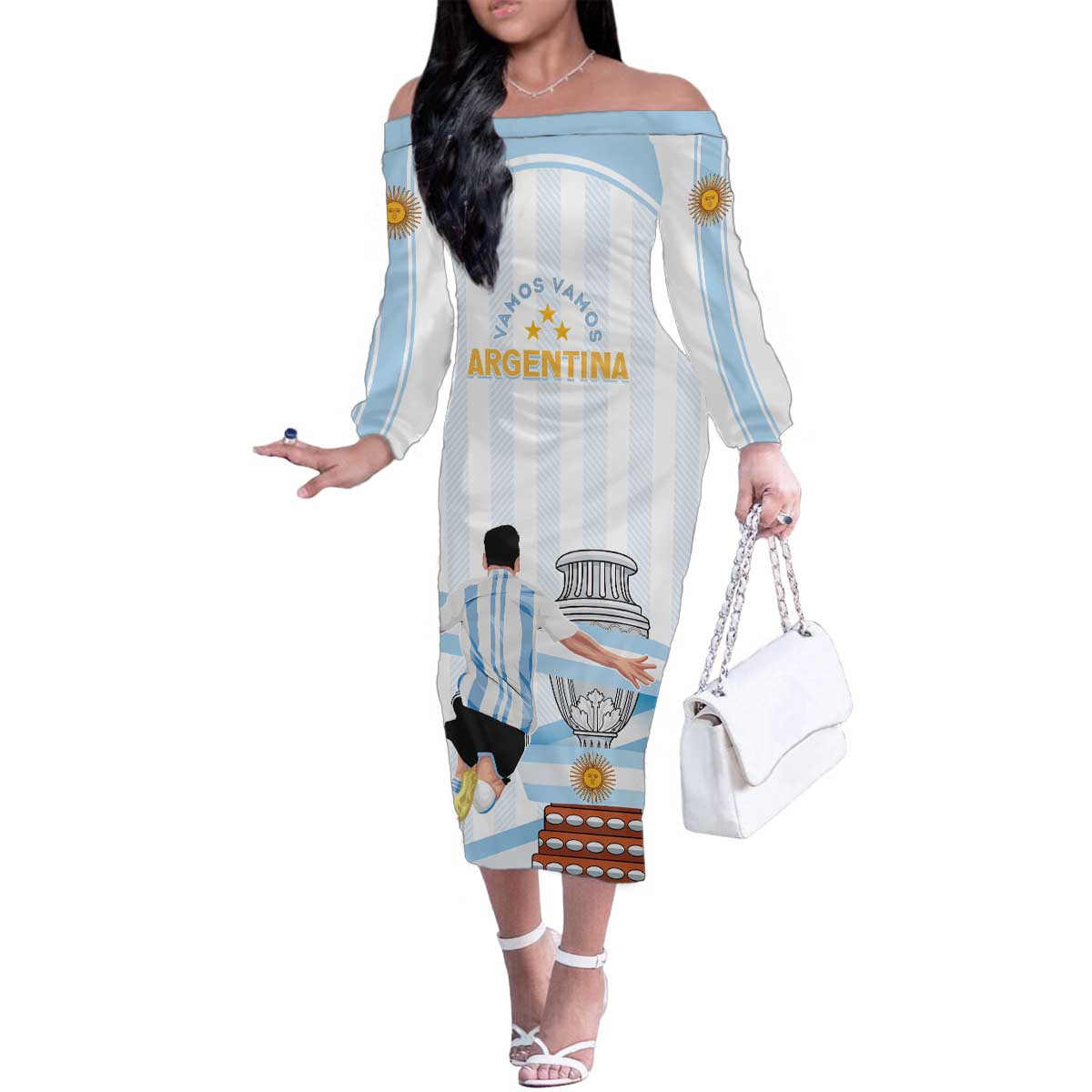 Argentina Campeones Custom Family Matching Off The Shoulder Long Sleeve Dress and Hawaiian Shirt Vamos Vamos Albiceleste - Wonder Print Shop
