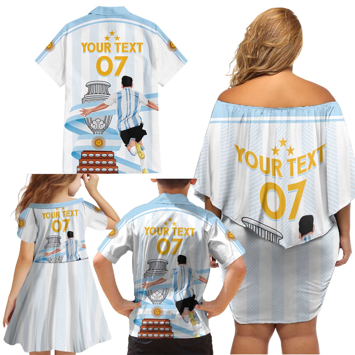 Argentina Campeones Custom Family Matching Off Shoulder Short Dress and Hawaiian Shirt Vamos Vamos Albiceleste LT7 - Wonder Print Shop