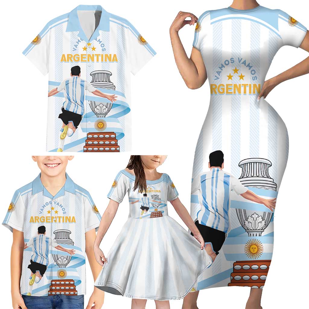 Argentina Campeones Custom Family Matching Short Sleeve Bodycon Dress and Hawaiian Shirt Vamos Vamos Albiceleste - Wonder Print Shop