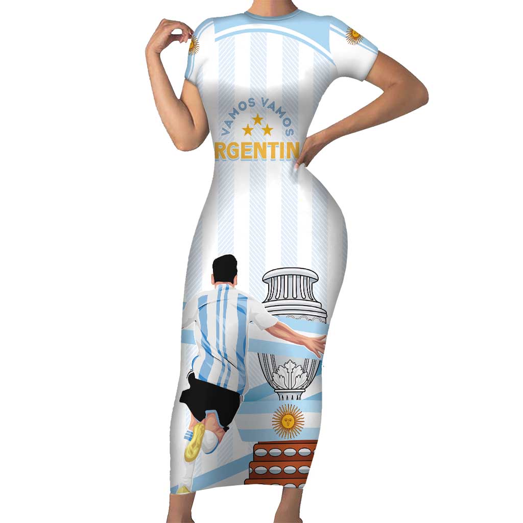 Argentina Campeones Custom Family Matching Short Sleeve Bodycon Dress and Hawaiian Shirt Vamos Vamos Albiceleste - Wonder Print Shop