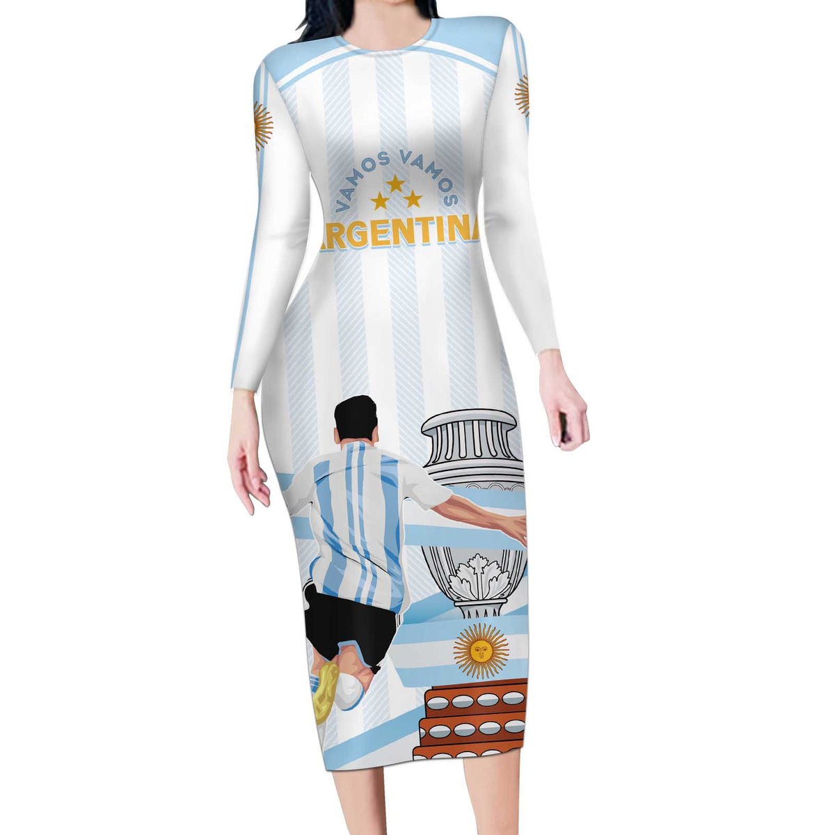 Argentina Campeones Custom Long Sleeve Bodycon Dress Vamos Vamos Albiceleste - Wonder Print Shop