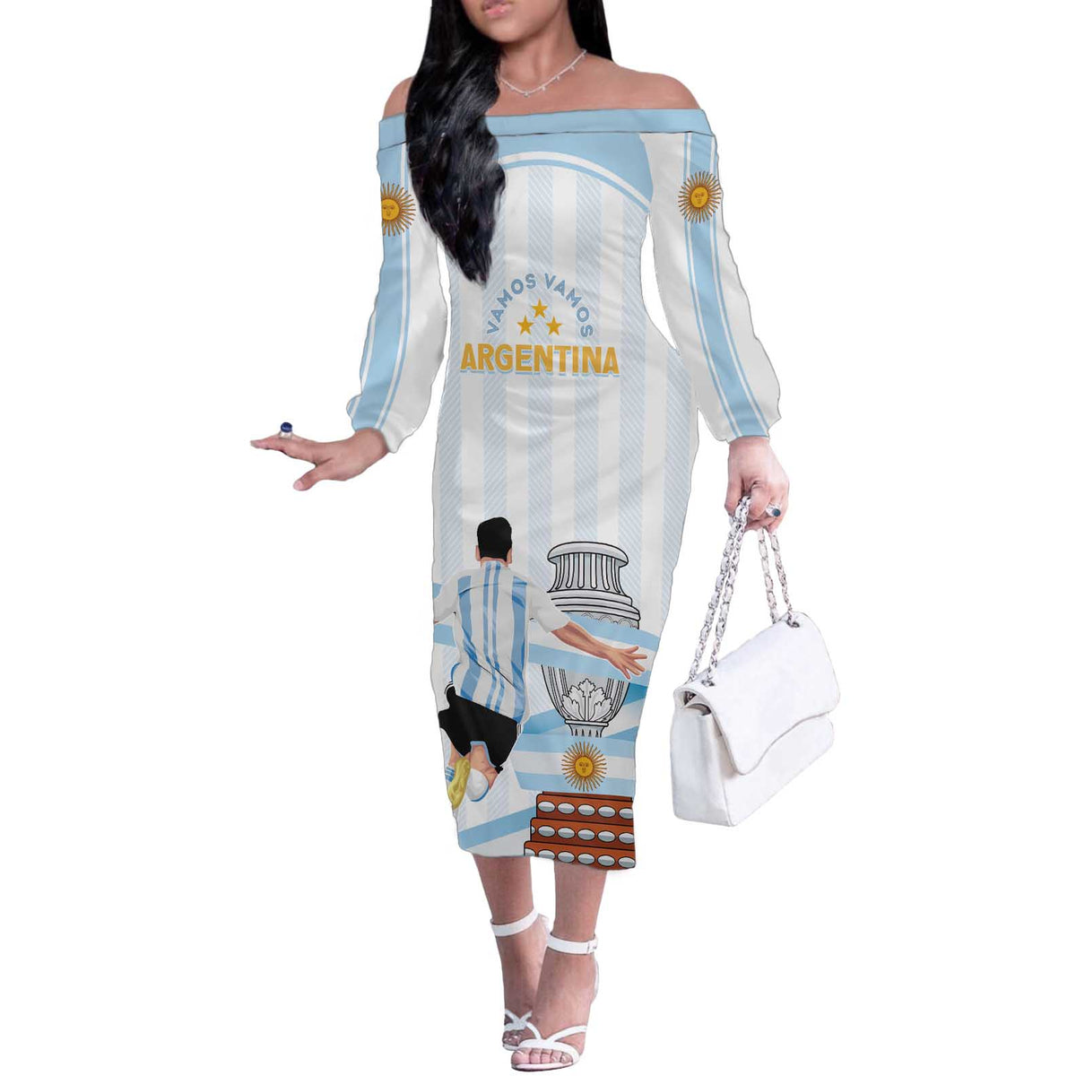 Argentina Campeones Custom Off The Shoulder Long Sleeve Dress Vamos Vamos Albiceleste - Wonder Print Shop