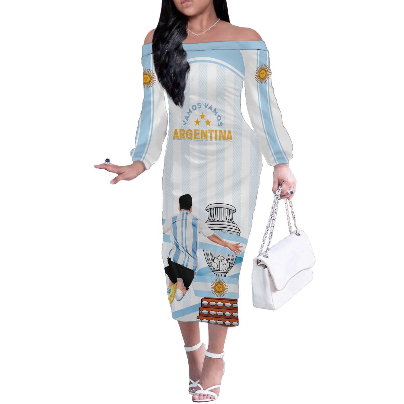 Argentina Campeones Custom Off The Shoulder Long Sleeve Dress Vamos Vamos Albiceleste - Wonder Print Shop