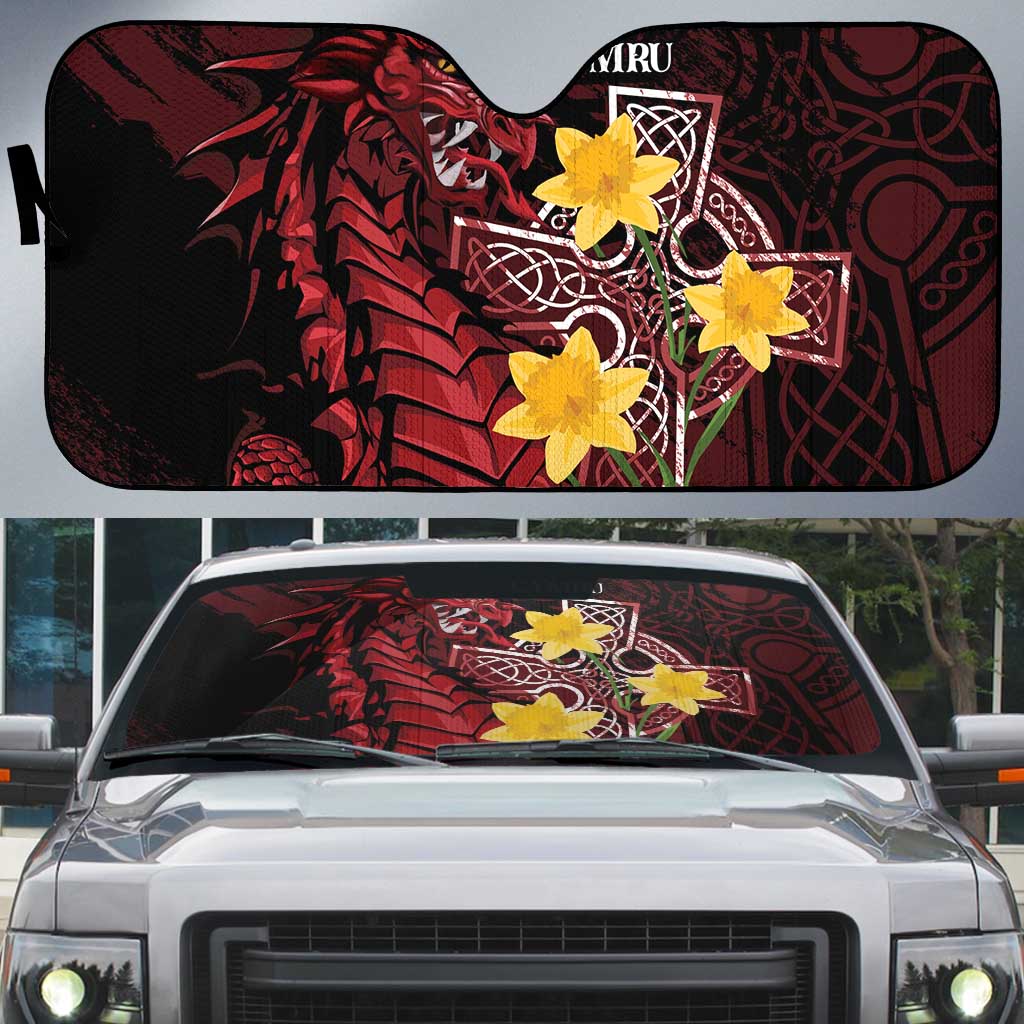 Wales Cymru Am Byth Auto Sun Shade Welsh Dragon with Celtic Cross - Wonder Print Shop