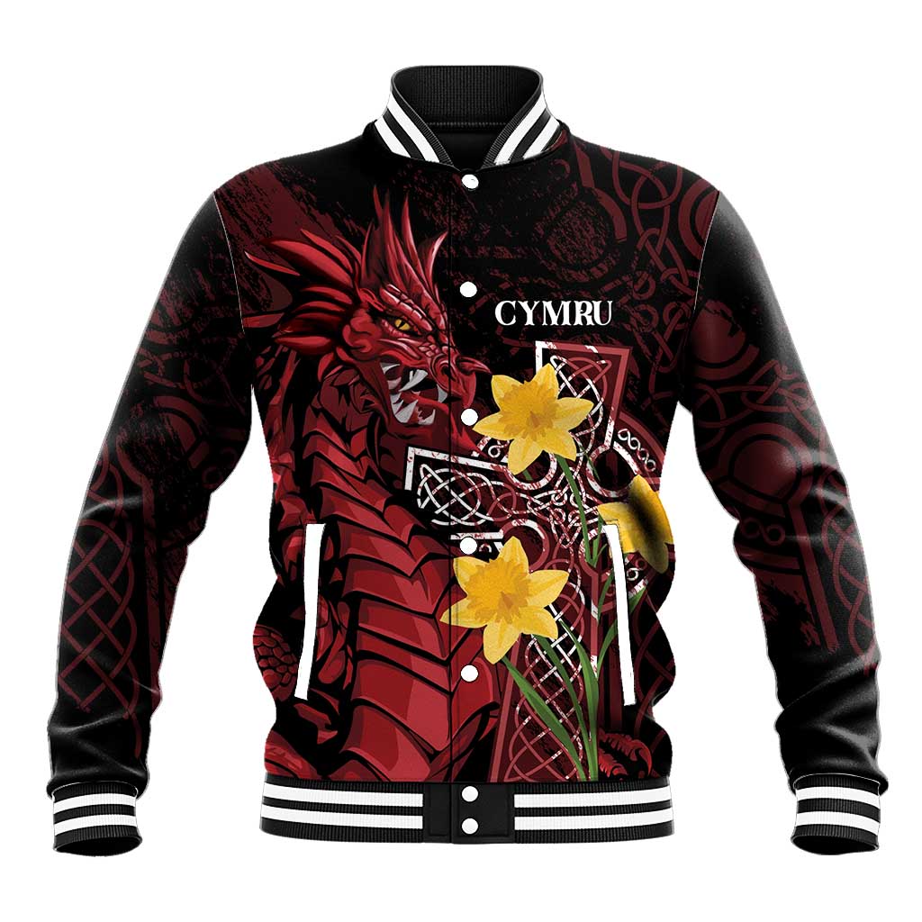 Wales Cymru Am Byth Baseball Jacket Welsh Dragon with Celtic Cross - Wonder Print Shop