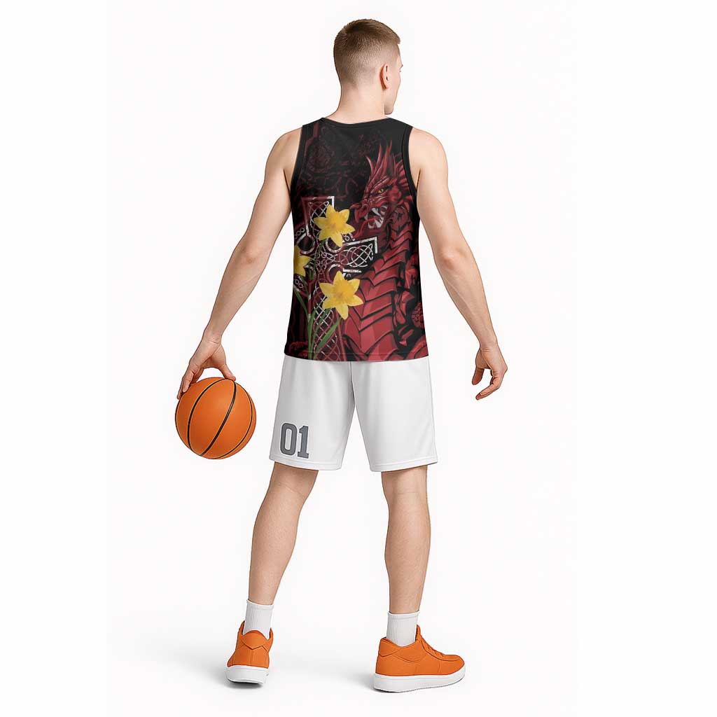Wales Cymru Am Byth Basketball Jersey Welsh Dragon with Celtic Cross - Wonder Print Shop