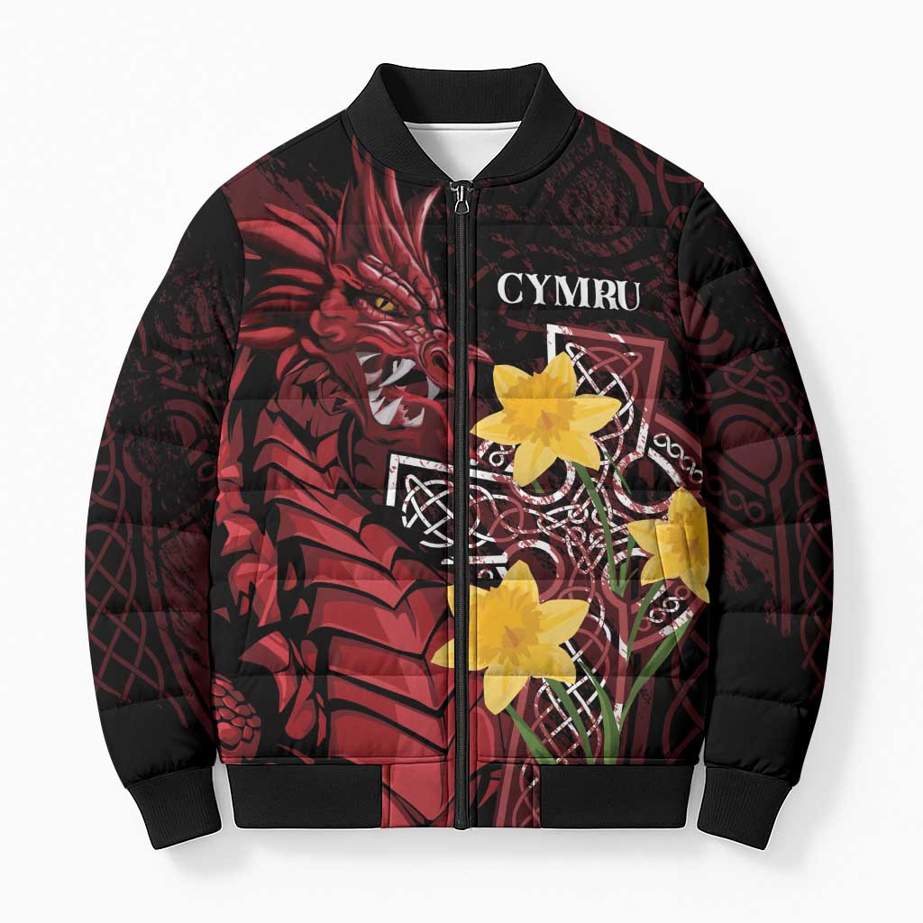 Wales Cymru Am Byth Bomber Puffer Jacket Welsh Dragon with Celtic Cross - Wonder Print Shop
