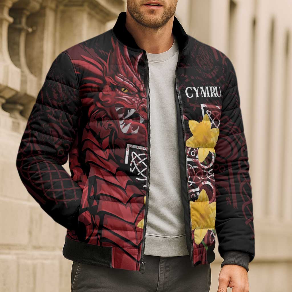 Wales Cymru Am Byth Bomber Puffer Jacket Welsh Dragon with Celtic Cross - Wonder Print Shop