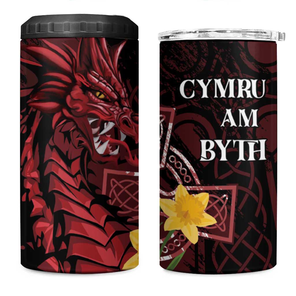 Wales Cymru Am Byth 4 in 1 Can Cooler Tumbler Welsh Dragon with Celtic Cross - Wonder Print Shop