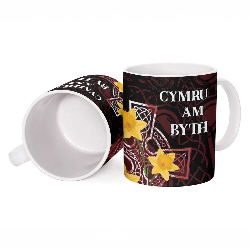 Wales Cymru Am Byth Ceramic Mug Welsh Dragon with Celtic Cross - Wonder Print Shop