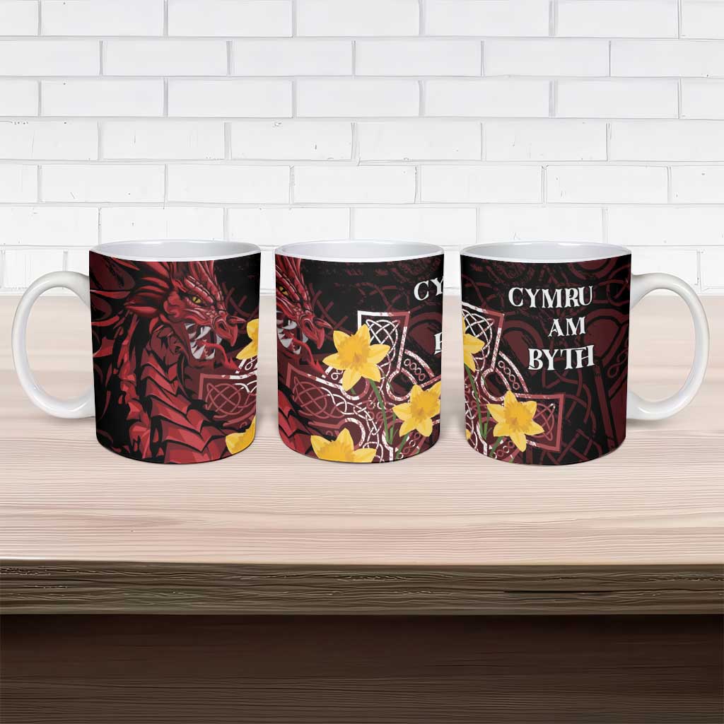Wales Cymru Am Byth Ceramic Mug Welsh Dragon with Celtic Cross - Wonder Print Shop