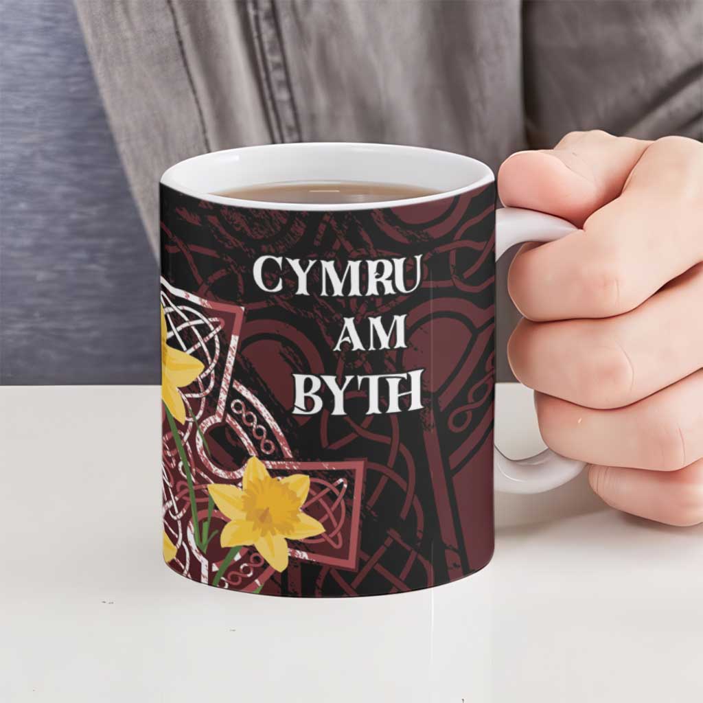 Wales Cymru Am Byth Ceramic Mug Welsh Dragon with Celtic Cross - Wonder Print Shop