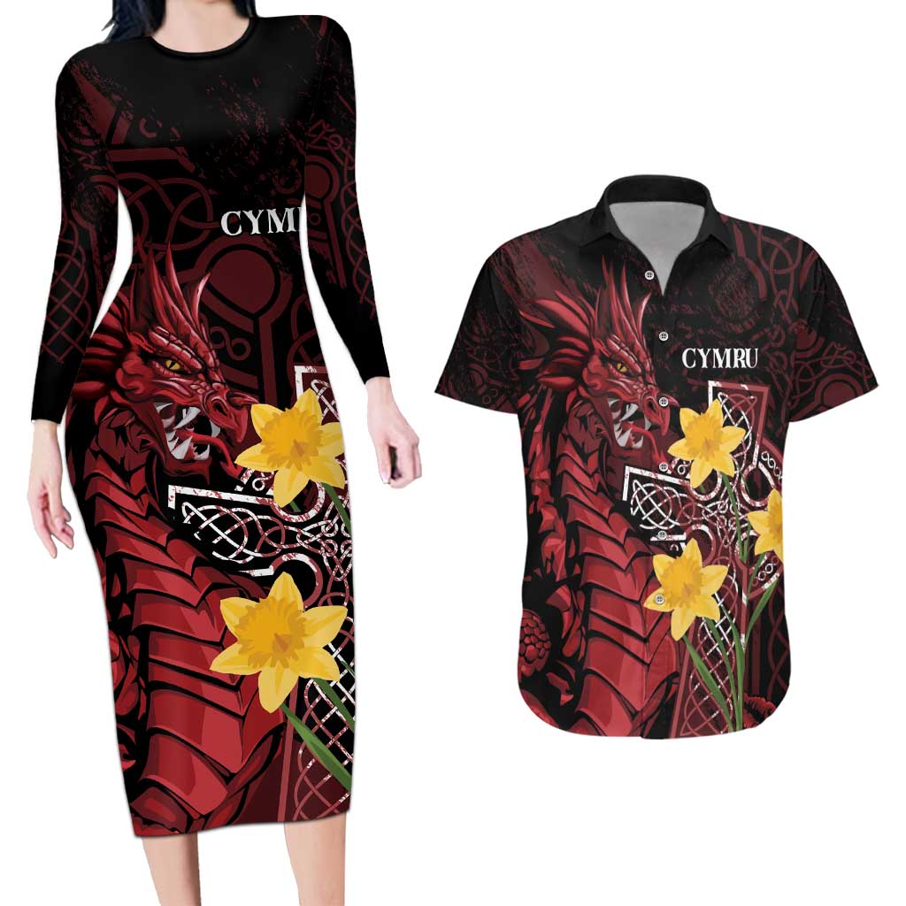 Wales Cymru Am Byth Couples Matching Long Sleeve Bodycon Dress and Hawaiian Shirt Welsh Dragon with Celtic Cross - Wonder Print Shop