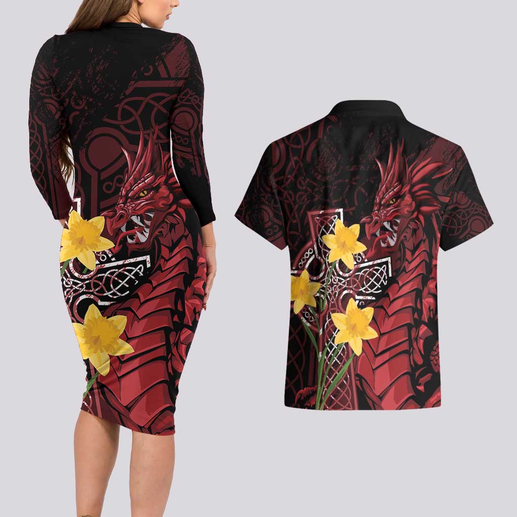 Wales Cymru Am Byth Couples Matching Long Sleeve Bodycon Dress and Hawaiian Shirt Welsh Dragon with Celtic Cross - Wonder Print Shop