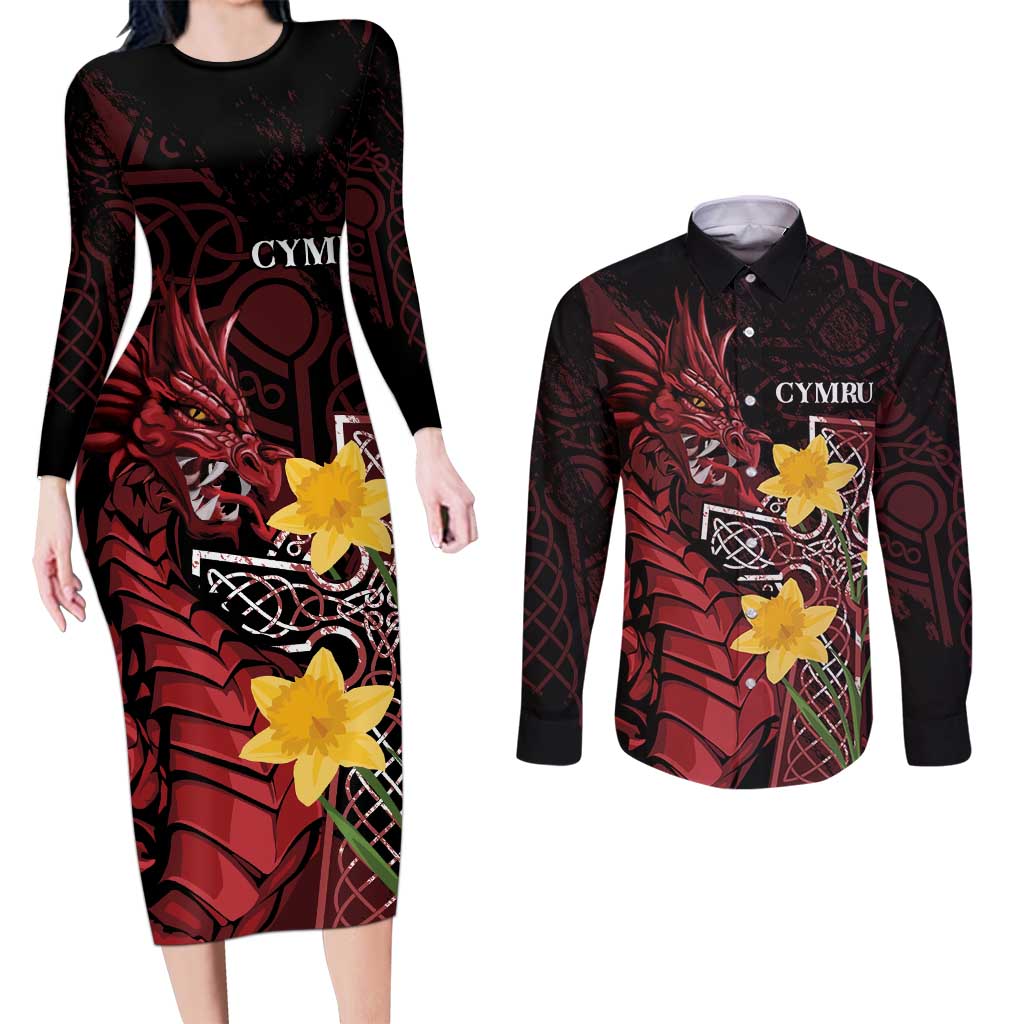 Wales Cymru Am Byth Couples Matching Long Sleeve Bodycon Dress and Long Sleeve Button Shirt Welsh Dragon with Celtic Cross - Wonder Print Shop