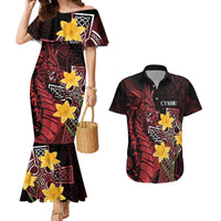Wales Cymru Am Byth Couples Matching Mermaid Dress and Hawaiian Shirt Welsh Dragon with Celtic Cross - Wonder Print Shop