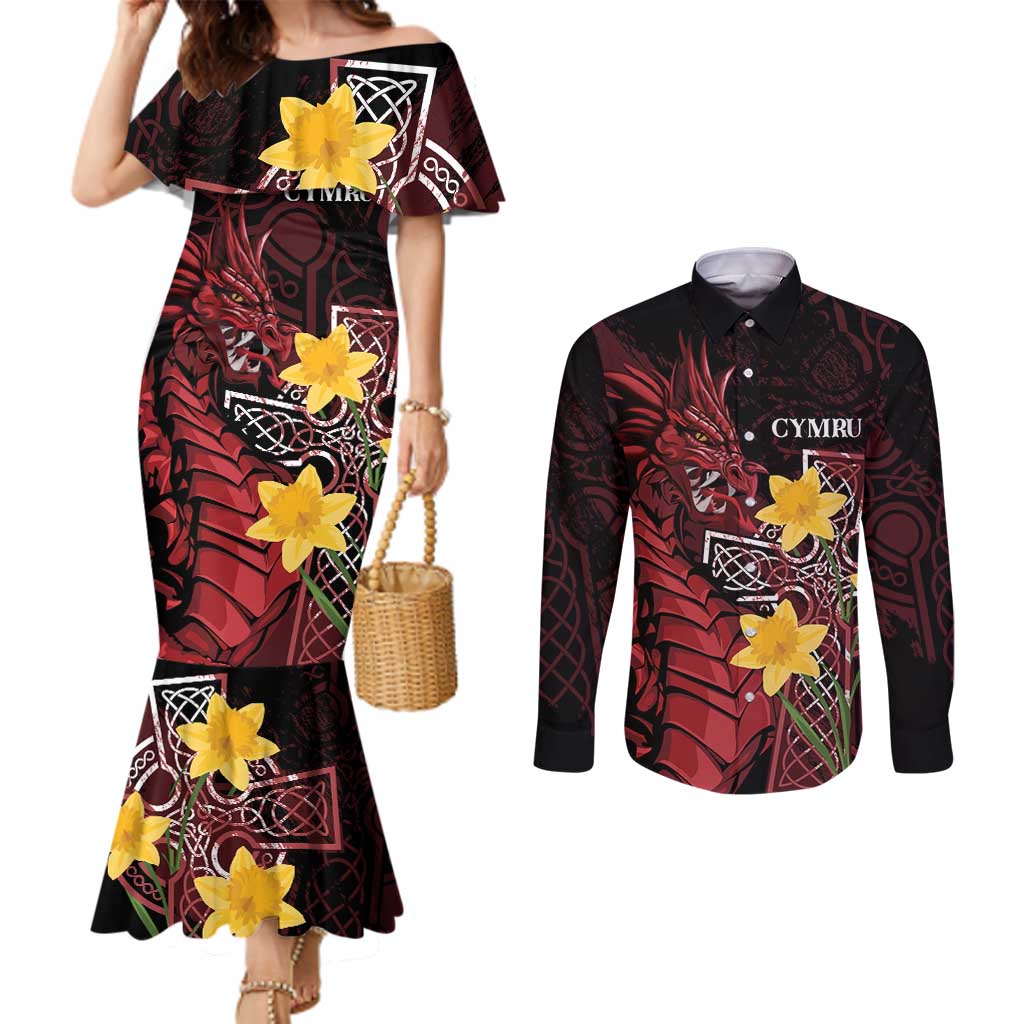 Wales Cymru Am Byth Couples Matching Mermaid Dress and Long Sleeve Button Shirt Welsh Dragon with Celtic Cross - Wonder Print Shop