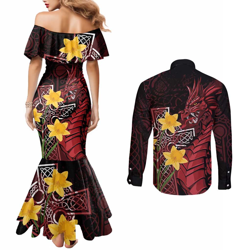 Wales Cymru Am Byth Couples Matching Mermaid Dress and Long Sleeve Button Shirt Welsh Dragon with Celtic Cross - Wonder Print Shop