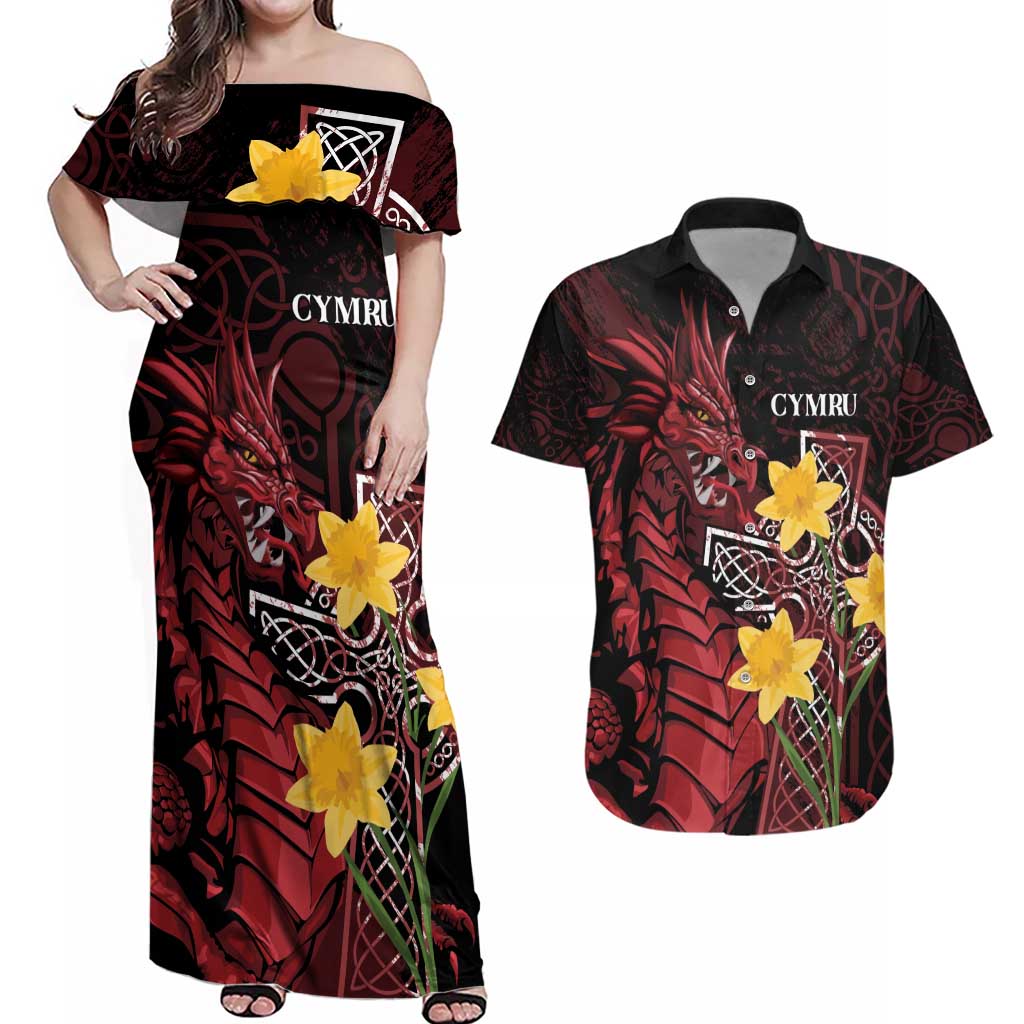 Wales Cymru Am Byth Couples Matching Off Shoulder Maxi Dress and Hawaiian Shirt Welsh Dragon with Celtic Cross - Wonder Print Shop
